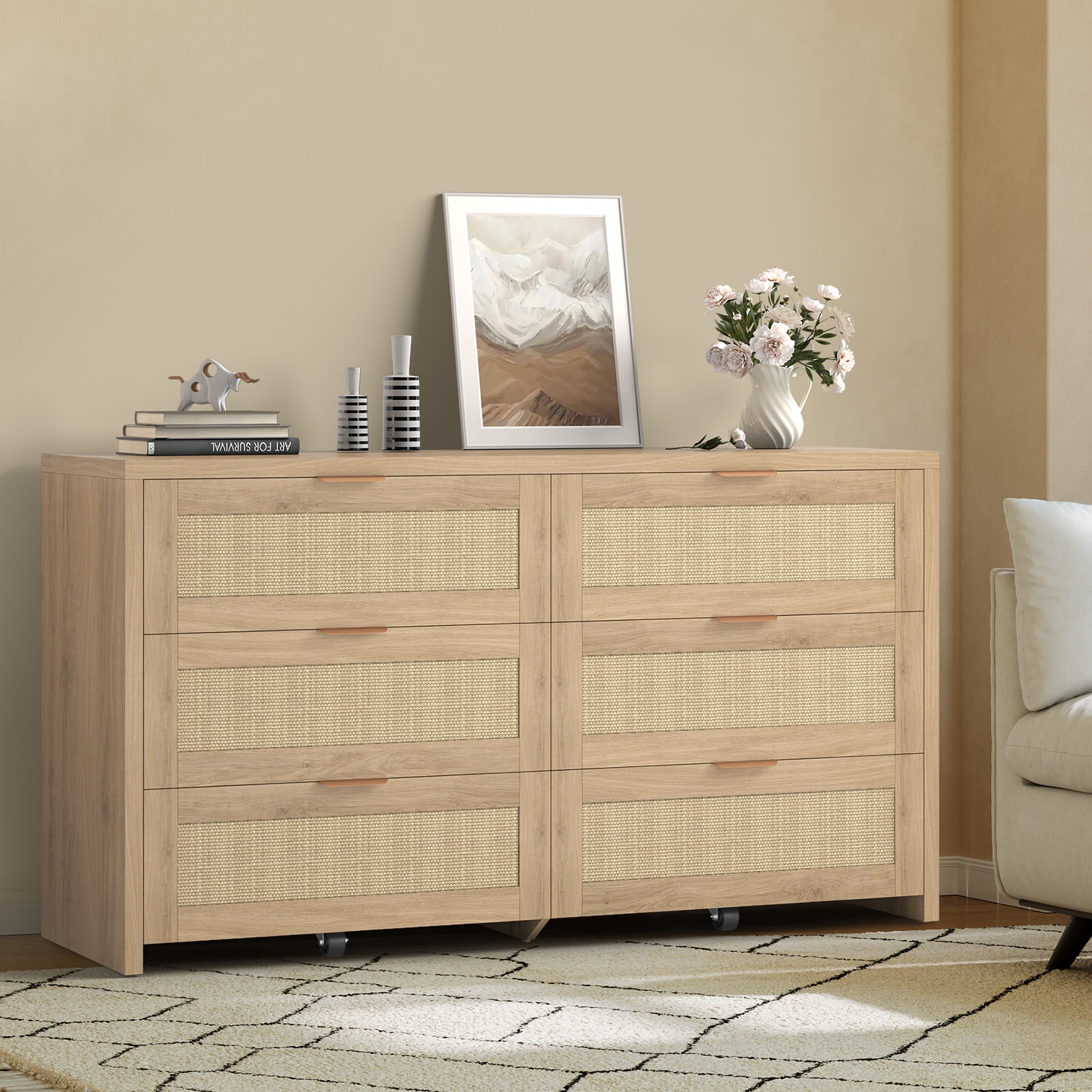 6 Drawer Rattan Dresser with Casters, Mid-Century Modern Wood Chest of ...
