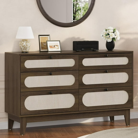 6-Drawer Rattan Dresser with Oak Finish - Bedroom Storage Cabinet for Closet, Living Room, Entryway & Hallway