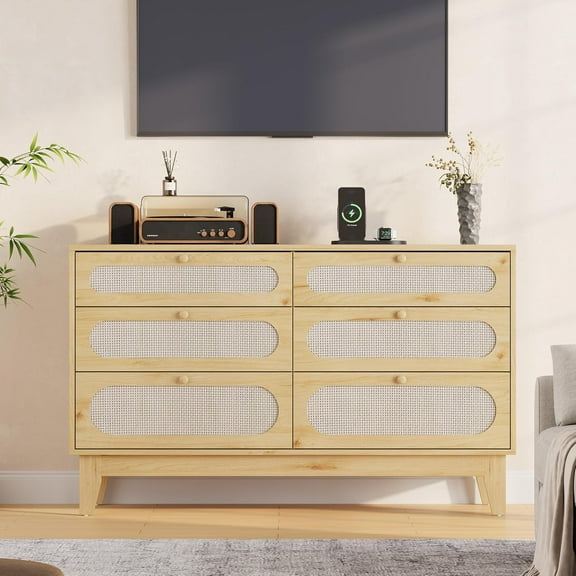 6-Drawer Rattan Dresser with USB Charging Station Boho Storage Chest for Bedroom Natural Oak