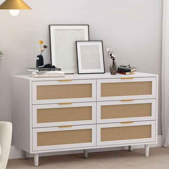 6 Drawer Rattan Modern Drawers Rattan Storage Cabinet Rattan Drawer with Handles for Bedroom,Living Room and Hallway,White
