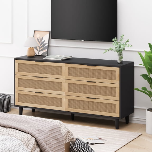 6-Drawer Rattan Storage Cabinet, Natural Rattan Dresser with Smooth Drawer Slides for Bedroom, Black.