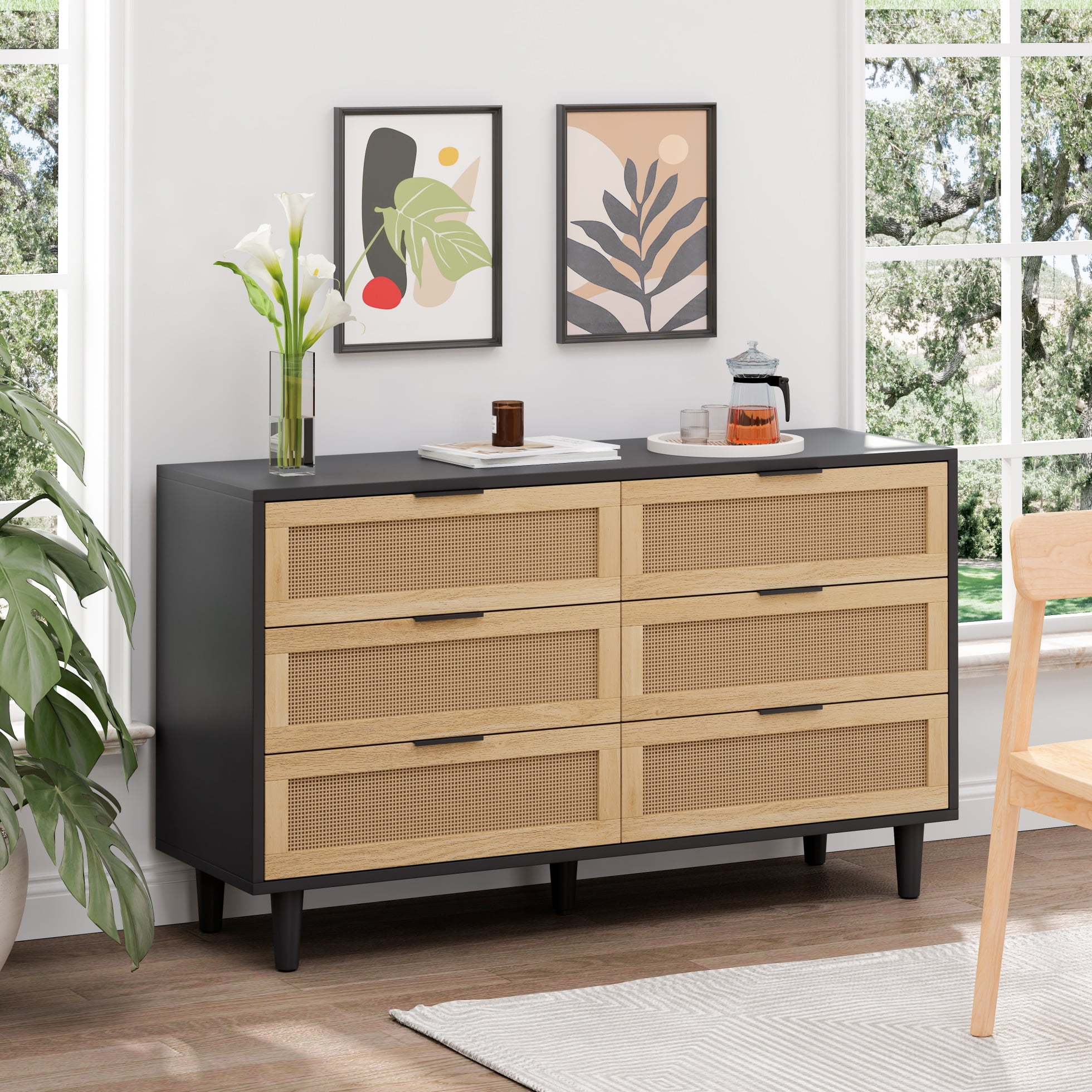 Image showcasing 6-Drawer Rattan Storage Cabinet with White Drawer Slides - Black Woven ...