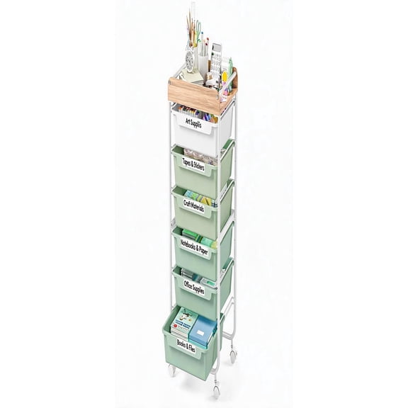 6-Drawer Rolling Craft Storage Cart with Wooden Top in Green