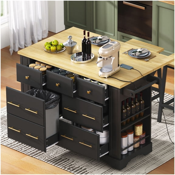 6-Drawer Rolling Kitchen Island Cart with Drop Leaf, Charging Station & Trash Bin Cabinet, Black MDF Mobile Work Table