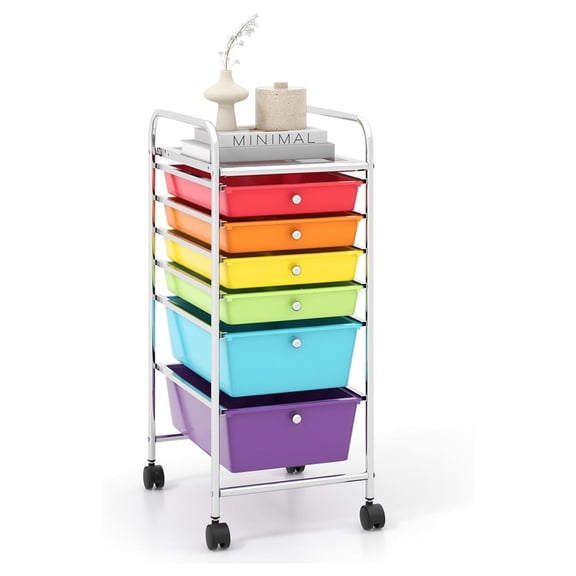 6-Drawer Rolling Storage Cart - Classroom Organization on Wheels w/Removable Plastic Drawers, Mobile Art Craft Cart for School Paper Home Office, Utility Cart with Drawers (Multicolor)