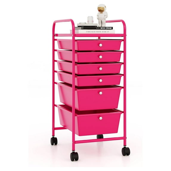 6-Drawer Rolling Storage Cart - Pink, Mobile Organizer Cart for Classroom, Office, Art Supplies, School, Home - Utility Cart w/ Wheels