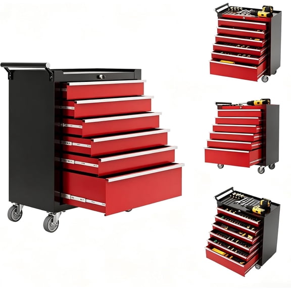 6-Drawer Rolling Tool Cabinet with Lock and Side Handle Mobile Toolbox Red/Black