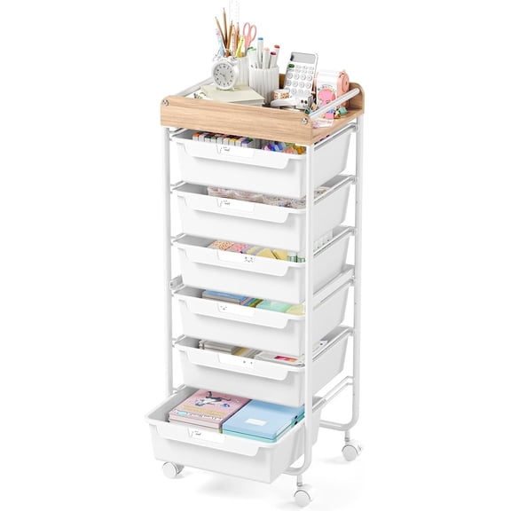 6-Drawer Rolling Utility Cart for Crafts Arts Sewing and Study Storage White