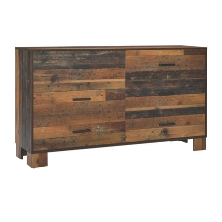 6 Drawer Rustic Dresser with Nails and Grain Details, Dark Brown