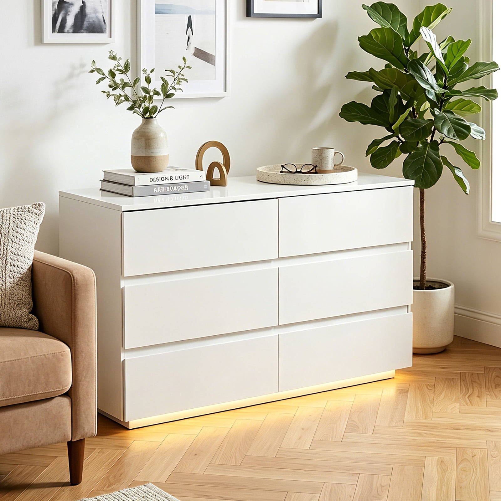 6-Drawer Storage Cabinet Chest of Drawers with USB-Powered RGB LED Strip 47.24*15.75*27.56in High-Gloss White