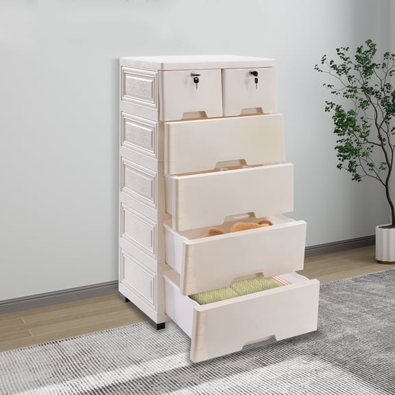 6-Drawer Storage Cabinet – Modern Beige, Space-Saving Vertical Organizer, Durable PP Material with Lockable Drawers and Easy Mobility