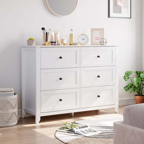 6 Drawer Storage Dresser with Deep Drawers, Farmhouse Wood Chest with Gold Handles, Tall Organizer for Bedroom Closet, Living Room, or Entryway, White