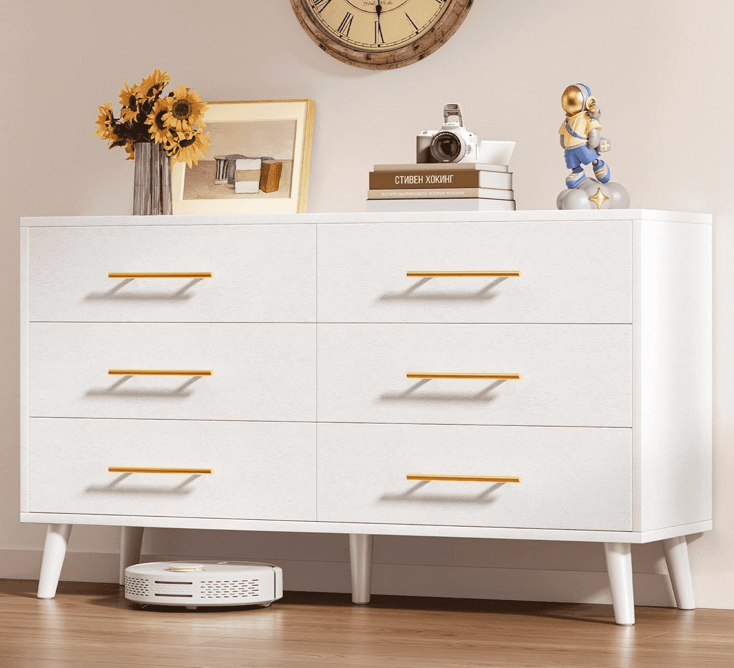 Noelse 6 Drawer Dresser with Metal Handles, Modern White Dresser Storage Cabinet for Bedroom Home