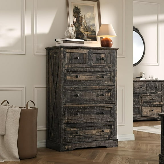 6-Drawer Farmhouse Tall Dresser Chest, Wood Storage Organizer, Dark Rustic Oak