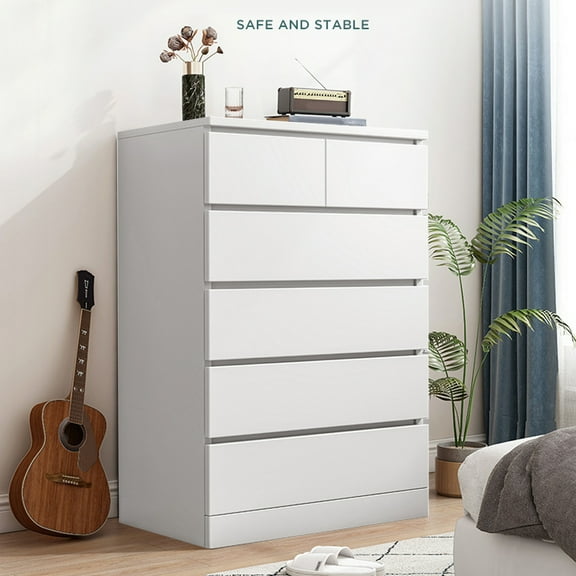 6-Drawer Tall Dresser for Bedroom, 43.3" Modern Wood Chest of Drawers, Slim Storage Cabinet with Anti-Tip Kit, White Vertical Organizer for Closet, Office, Entryway