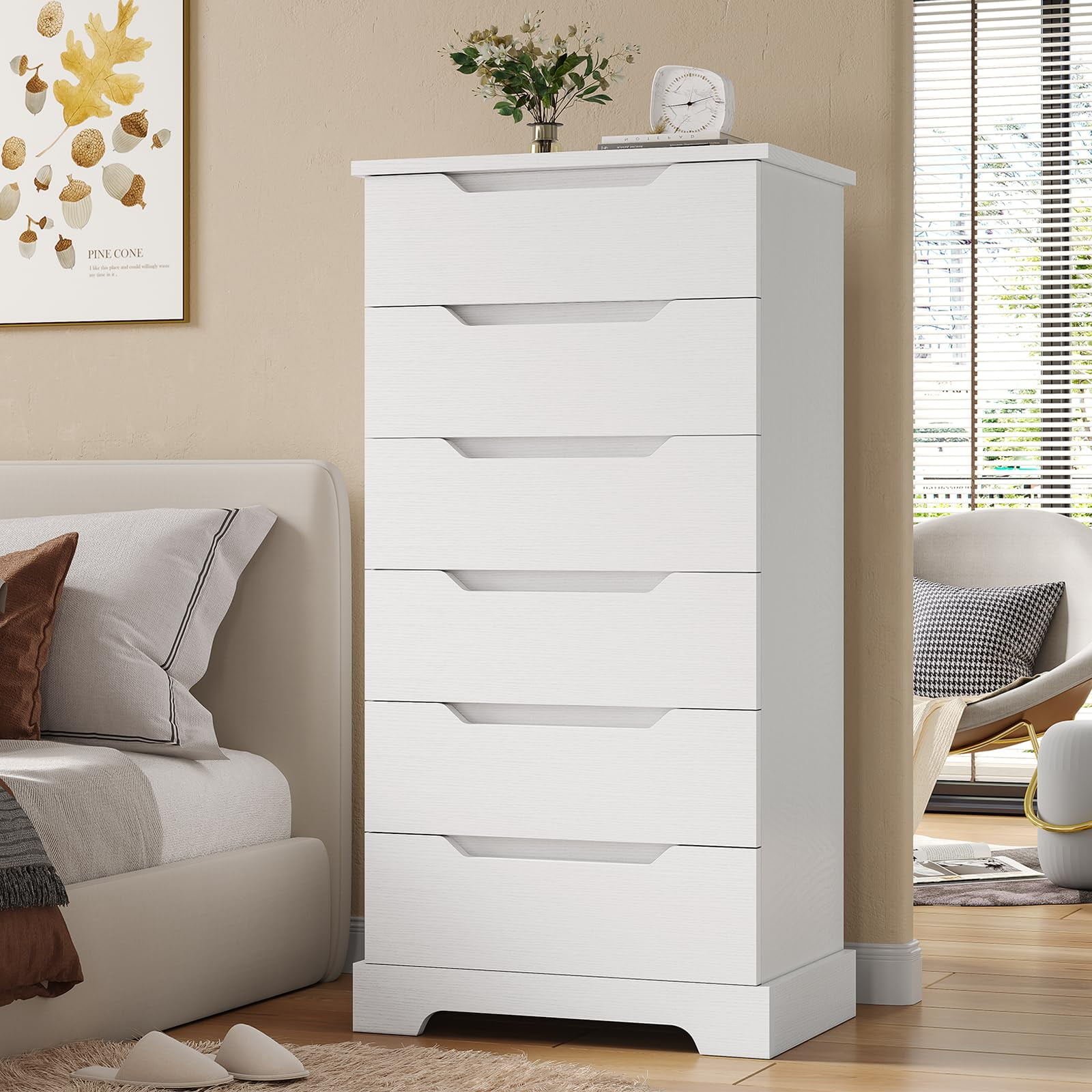 6 Drawer Tall Dresser, White Vertical Dresser for Bedroom Hallway