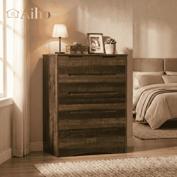 6 Drawer Dresser, Modern Wooden Storage Chest with Embedded Handles, Anti-Tip Safety Device, Bedroom Organizer for Living Room Kids Room - Dark Brown