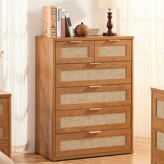 6 Drawer Tall Dressers, Rattan Dresser with Large Storage Space Boho Dressers & Chests of Drawer Wooden Dressers for Bedroom, Tea Brown