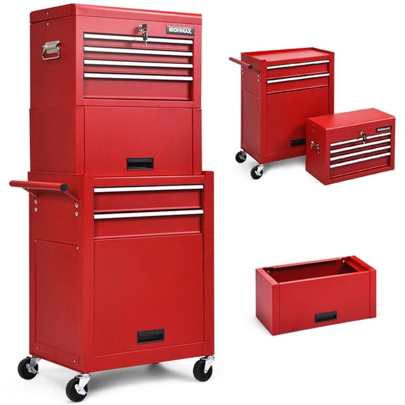 6-Drawer Tool Chest, Rolling Tool Chest with Heightening Cabinet and Lockable Portable Top Box, Heavy Duty Steel Garage Tool Organizer Red