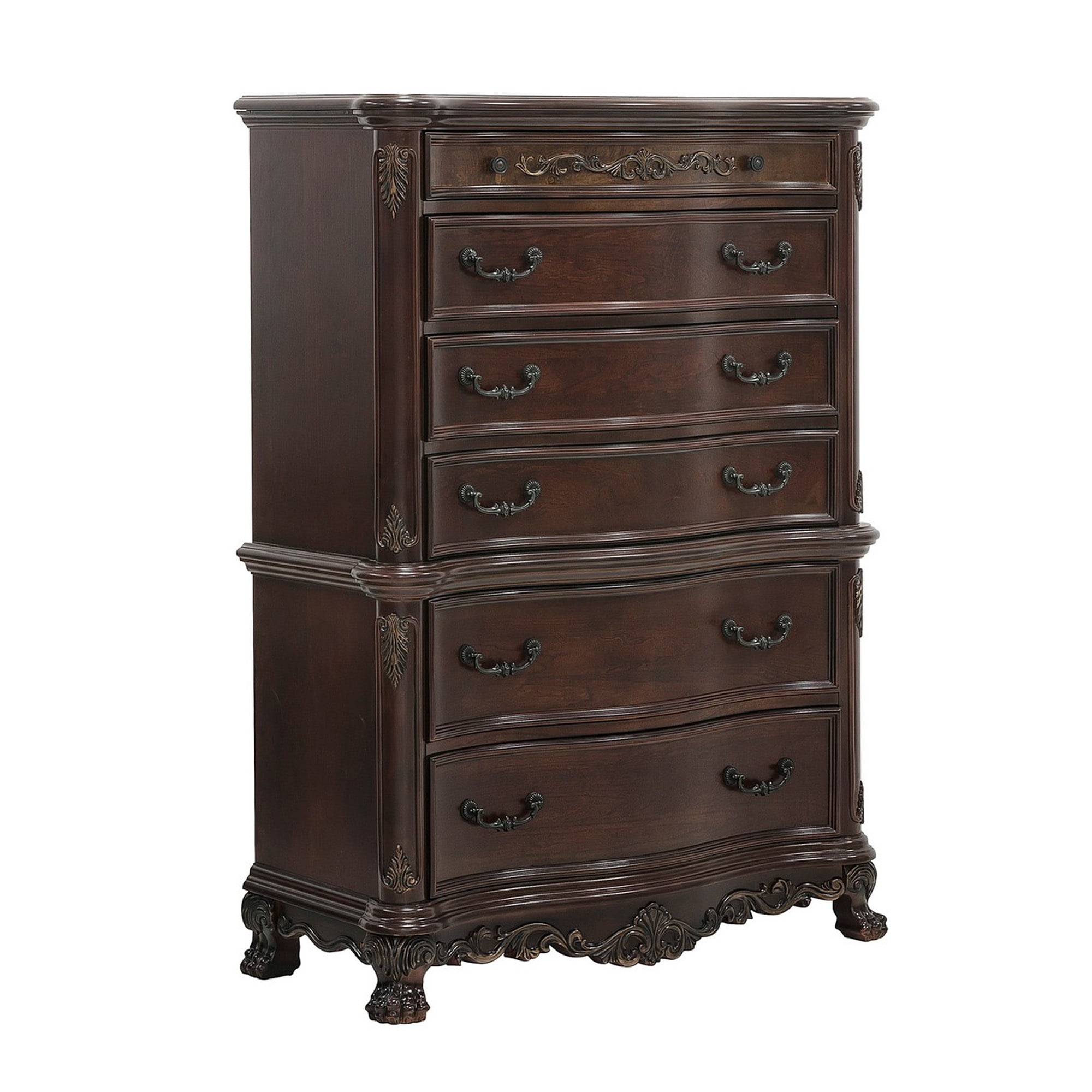 6 Drawer Vertical Chest with Claw Feet and Carved Apron, Cherry Brown ...