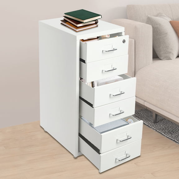 6 Drawer Vertical File Cabinet with Lock Cold-Rolled Steel Filing Cabinet with Smooth Glide Drawers, Wheels for Mobility, Minimalist White for Home Office Organization