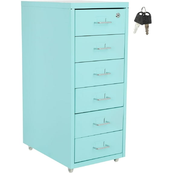 6 Drawer Vertical File Cabinet with Lock, Filing Cabinet Under Desk Office Storage with Wheels, Desk Drawers for Home Office (6 Tiers, Blue)