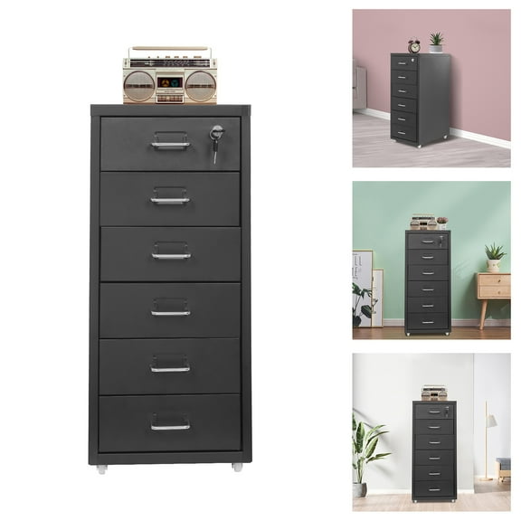 6-Drawer Vertical Mobile File Cabinet, Lockable Metal Filing Cabinet with Wheels for Home Office Storage