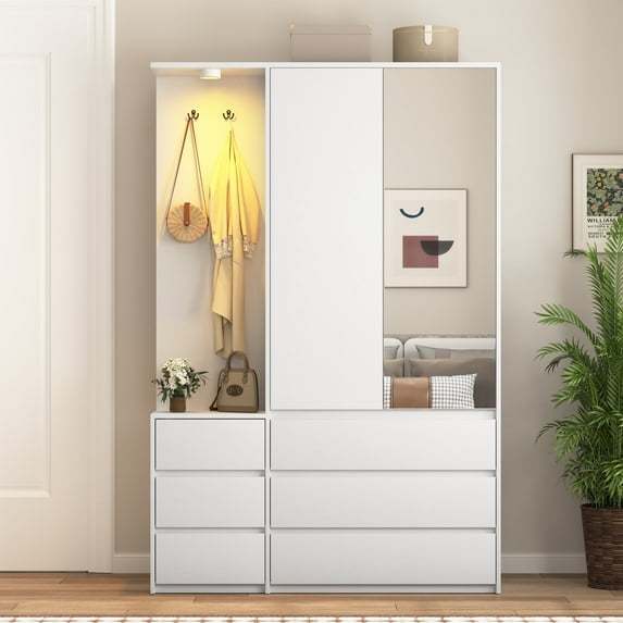 6-Drawer Wardrobe Closet with Dressing Mirror & Dimmable LED Light, Large Capacity Storage Cabinet with Hanging Rod & 3 Open Shelves for Bedroom