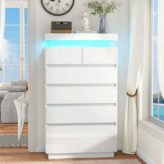 NEGYLIM 6 Drawer White Dresser, High Gloss Dresser with LED Light for Bedroom, Living Room, Hallway, Easy Assembly