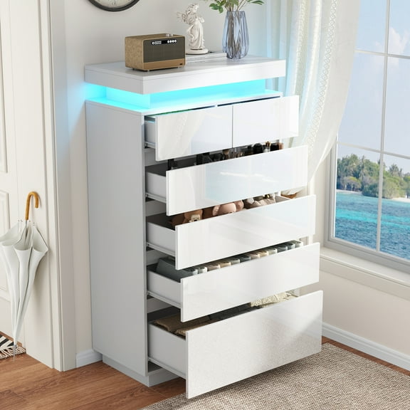 NEGYLIM 6 Drawer White Dresser, High Gloss Dresser with LED Light for Bedroom, Living Room, Hallway, Easy Assembly