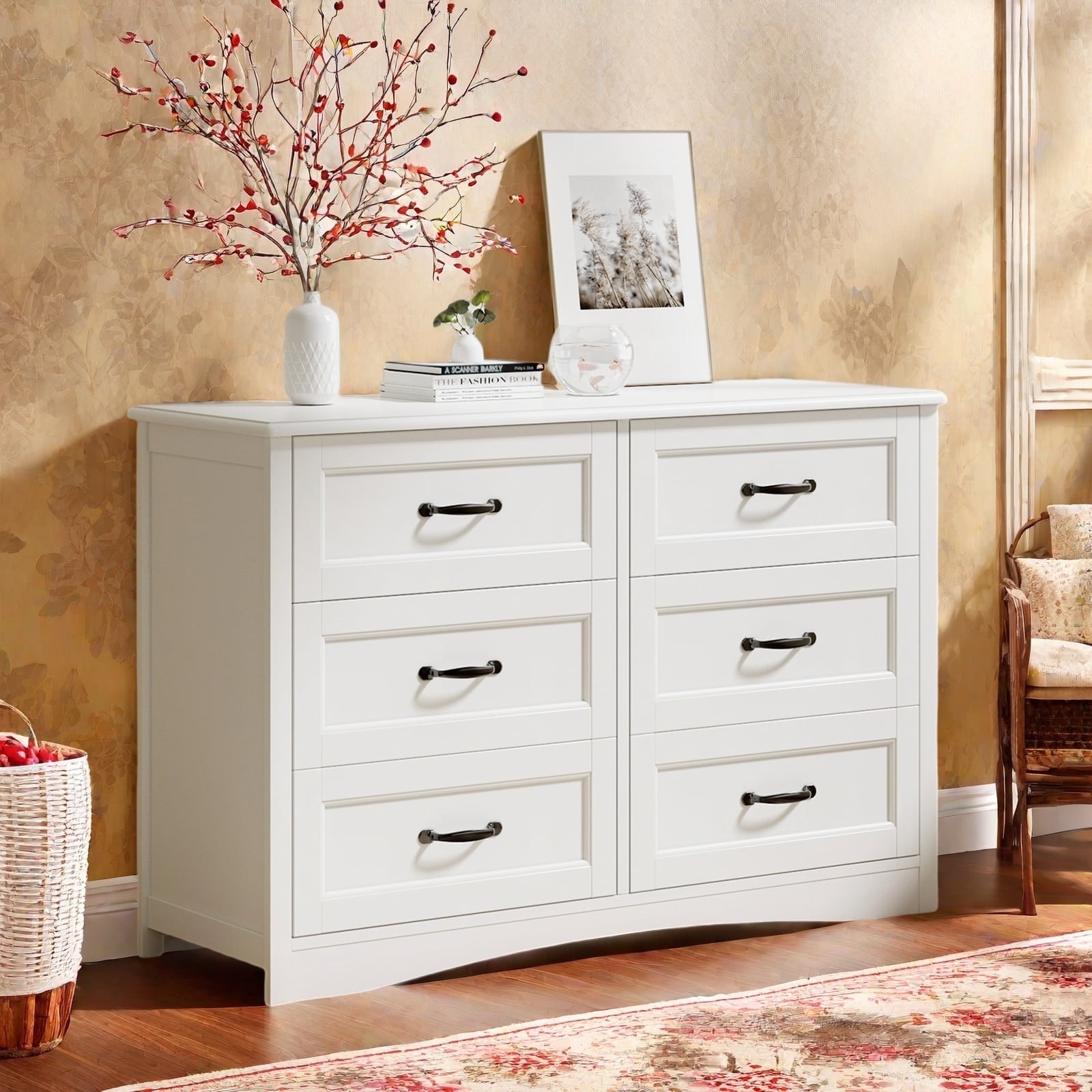 6 Drawer White Dresser,Lofka Modern Wood Double Chest, Versatile Dressers for Bedroom Office Living Room