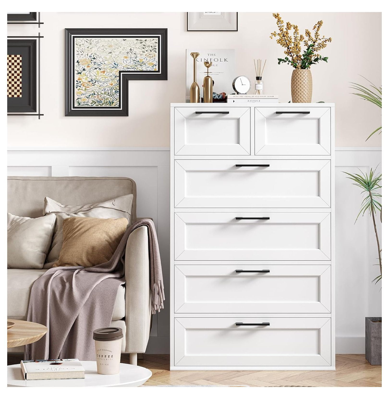 6 Drawer White Dresser, Tall White Dresser with Large Storage Space, Modern Wood Storage Chest ...