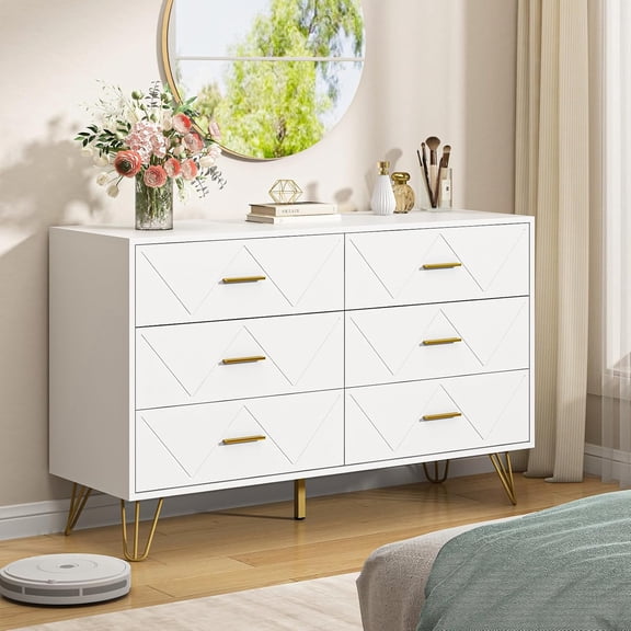 6 Drawer White Dresser for Bedroom, Modern Chest of Drawers with Deep Drawers,Wood Dresser with Gold Metal Handles for Bedroom, Living Room, Hallway
