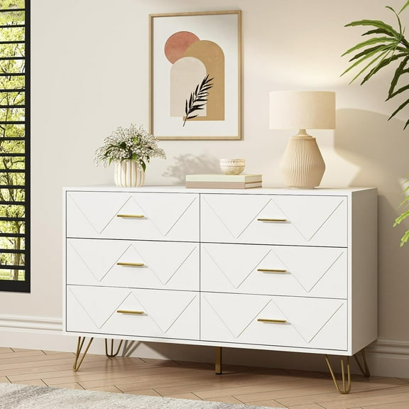 6 Drawer White Dresser for Bedroom, Modern Chest of Drawers with Deep Drawers,Wood Dresser with Gold Metal Handles for Bedroom, Living Room, Hallway