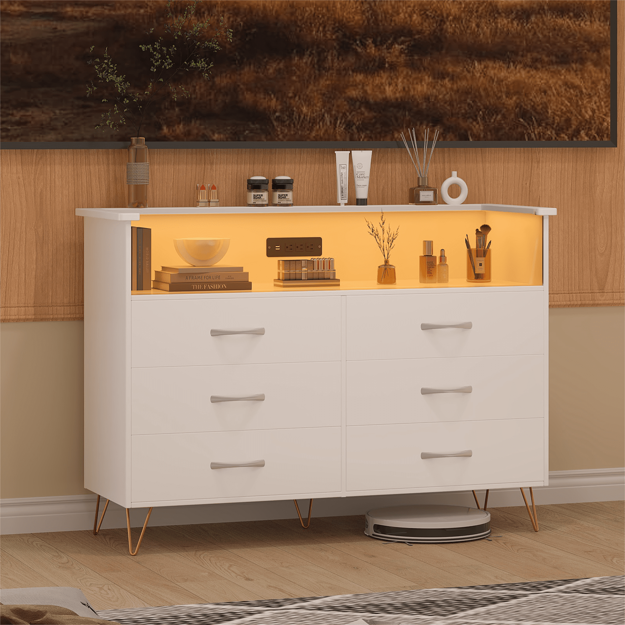 6 Drawer White Dresser with LED Lights and Charging Station,Modern Wood Dressers for Bedroom & Living Room