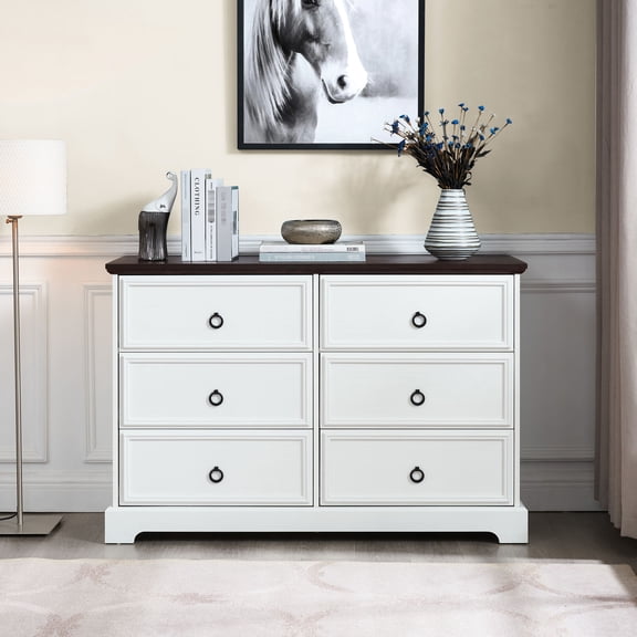 6-Drawer White Dresser with Rustic Oak Top / Ideal for Bedroom, Living Room, Hallway Storage