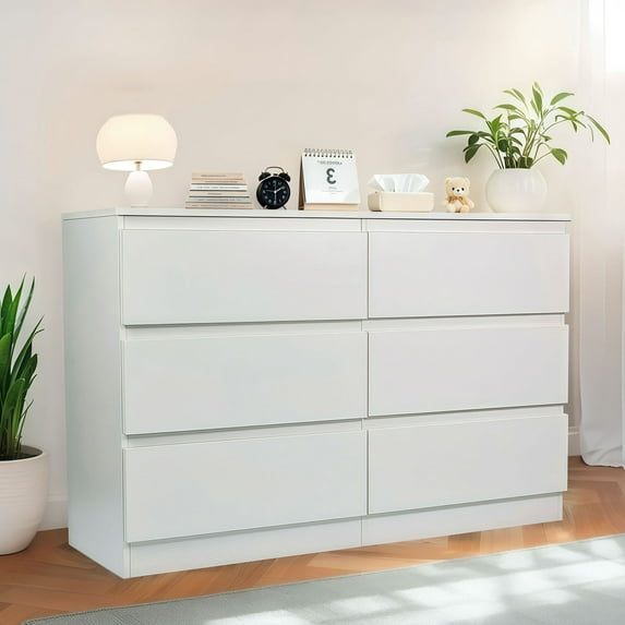 6 Drawer White Dresser with Spacious Countertop, Wood Storage Cabinet for Bedroom, Living Room, Entryway