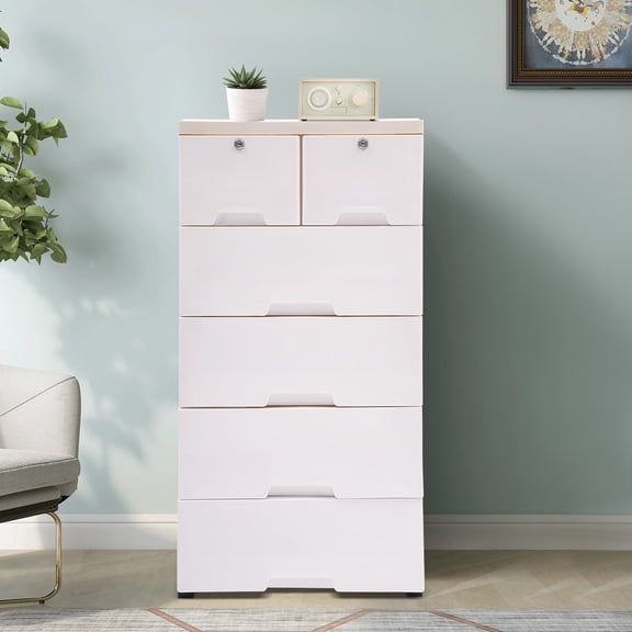 6-Drawer White PP Storage Cabinet with Round Corners - Child-Safe Design, Small Pulleys for Mobility - Ideal for Bedroom/Nursery/Kitchen