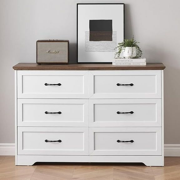 6-Drawer White and Brown Dresser – Stylish Farmhouse Chest with Metal Handles for Any Room