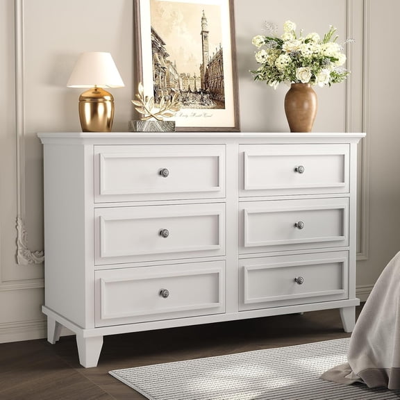 6 Drawer Wide Dresser - Modern Wooden TV Stand for Bedroom, Living Room, Entryway - White