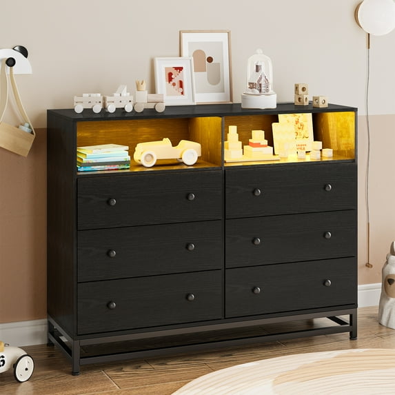 6-Drawer Wide Dresser with Multi-Color LED Lights, Built-in Charging Station with 4 Outlets & 2 USB Ports, Scratch-Resistant & Water-Resistant Storage Solution for Bedroom