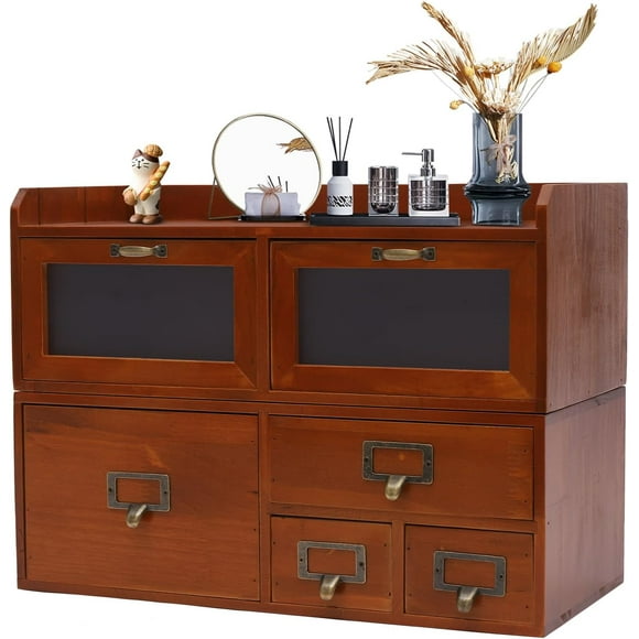 6-Drawer Wood Desk Organizer, Desktop Drawer Tabletop Storage Organization Box with Label Slot for Home Office, No Assembly Required