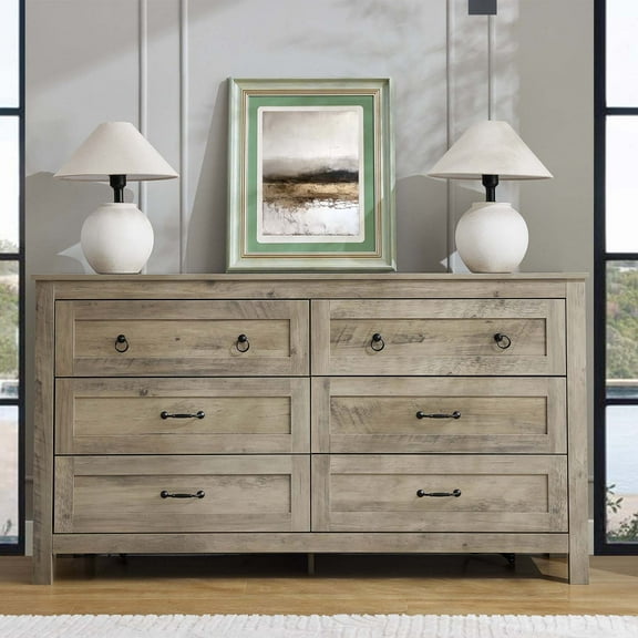 6-Drawer Wood Dresser, Farmhouse Style Chest With Smooth Gliding Drawers, Gray