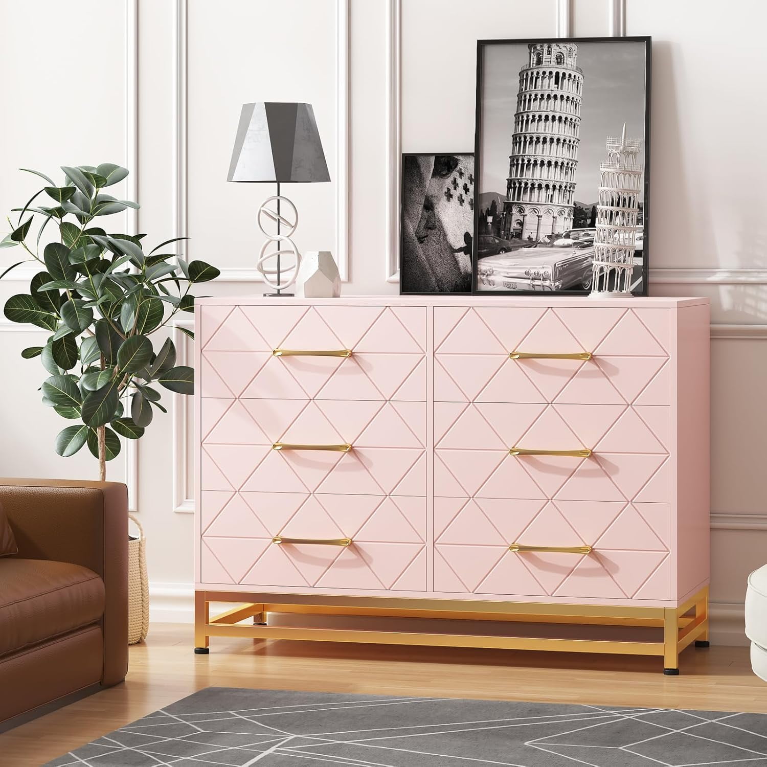 6 Drawer Wood Dresser for Closet, Modern Dresser for Bedroom, TV Stand Dressers Chest of 6 Drawers
