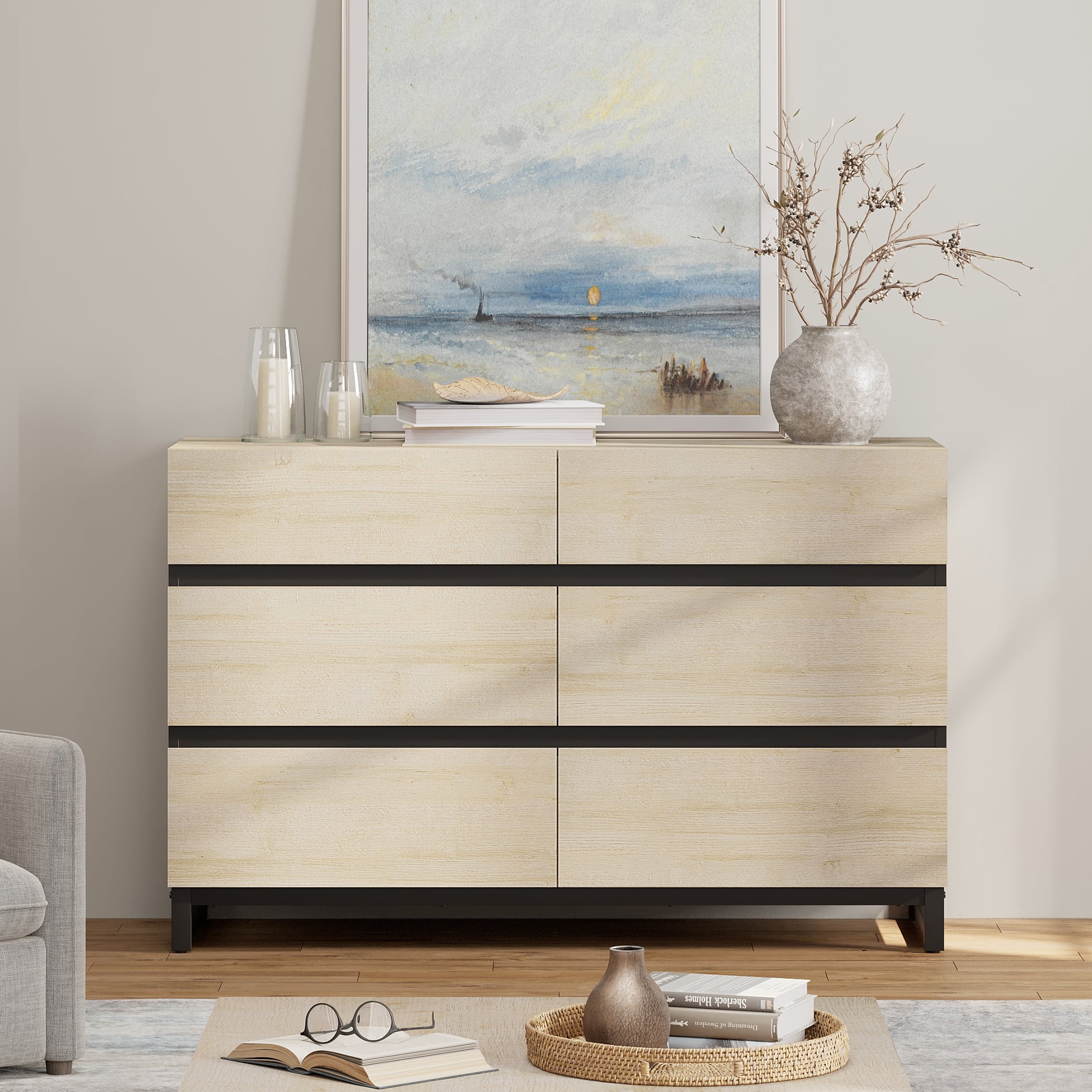 6-Drawer Wood Dresser with Concealed Handles & Metal Base, Modern Chest of Drawers for Bedroom, Living Room, Beige