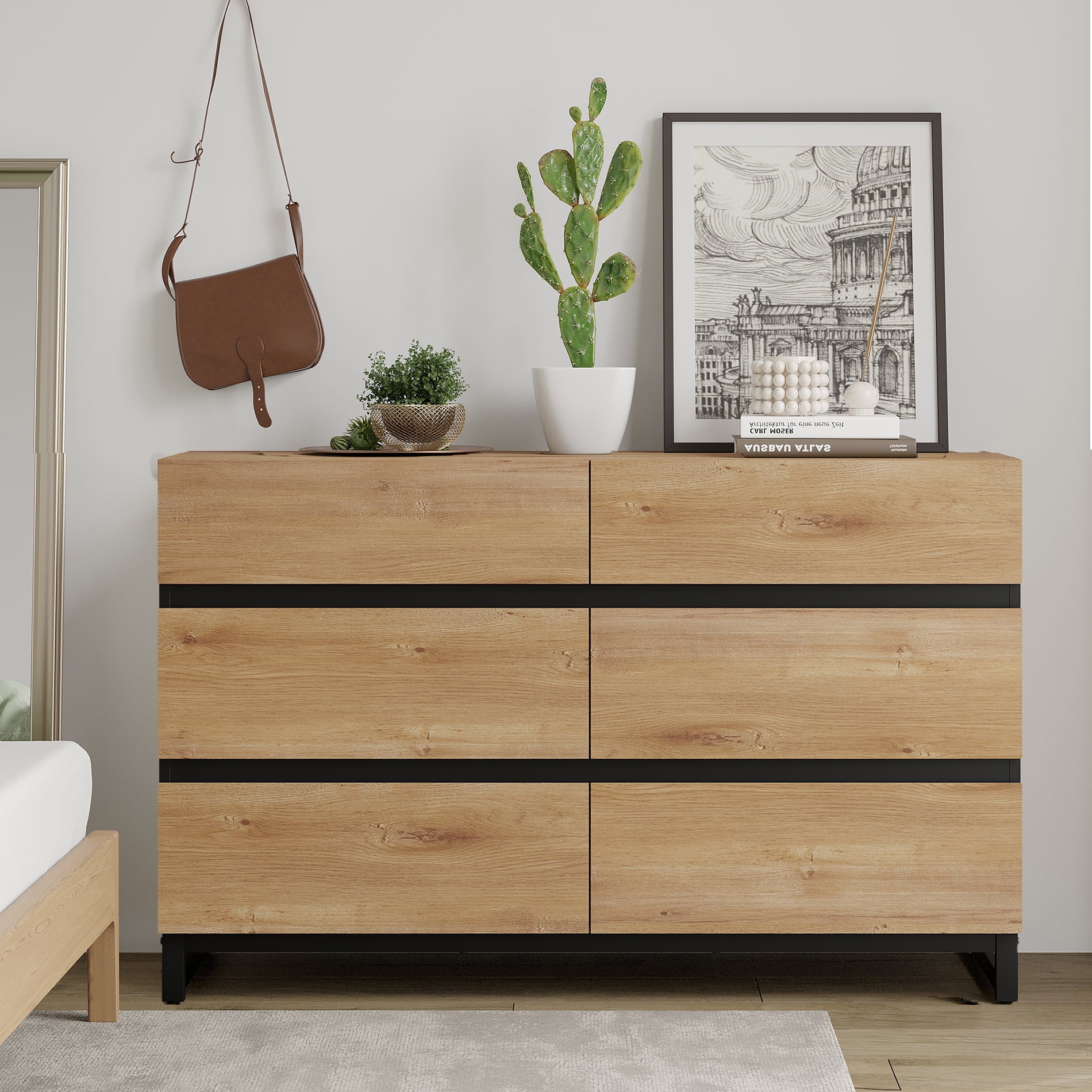 6-Drawer Wood Dresser with Concealed Handles & Metal Base, Modern Chest of Drawers for Bedroom, Living Room, Oak