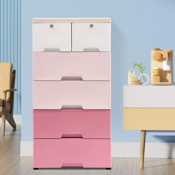 6 Drawers Bedroom Dresser, Dresser Storage Cabinet Tower Clothes Organizer, Plastic Drawers Dresser Large Capacity Storage Cabinet Loading 44.09-66.13 lbs for Bedroom, Hallway, Entryway(Pink)