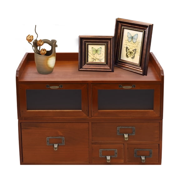 6 Drawers Desktop Organizing Cabinet, Vintage Drawers for Desk, 15x6x7 inch Wooden Storage Cabinets, Vintage Countertop Drawers with Glass Doors