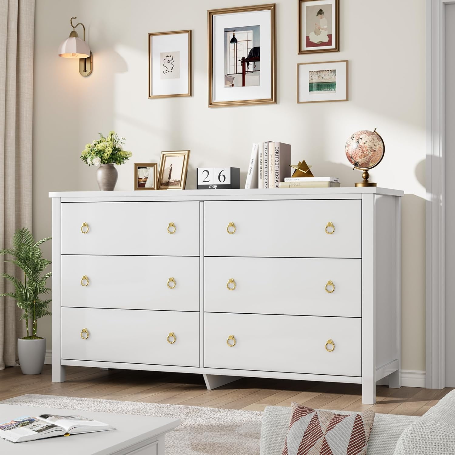 6 Drawers Dresser, 47 Inch Wide Chest of Drawers, Large Clothes Storage Cabinet & TV Stand, Wood Bedroom Dresser for Nursery, Living Room, Hallway, White
