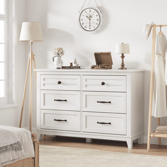 6 Drawers Dresser, 47" Wide Modern Chest of Drawers, Freestanding Design, Dresser TV Stand, Wood Drawer Organizer for Bedroom, Living Room, Hallway, White